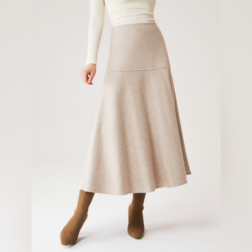 NWT OGL FuzzLuxe Flared Maxi Skirt Heather Beige A-Line Winter Office Women's XS